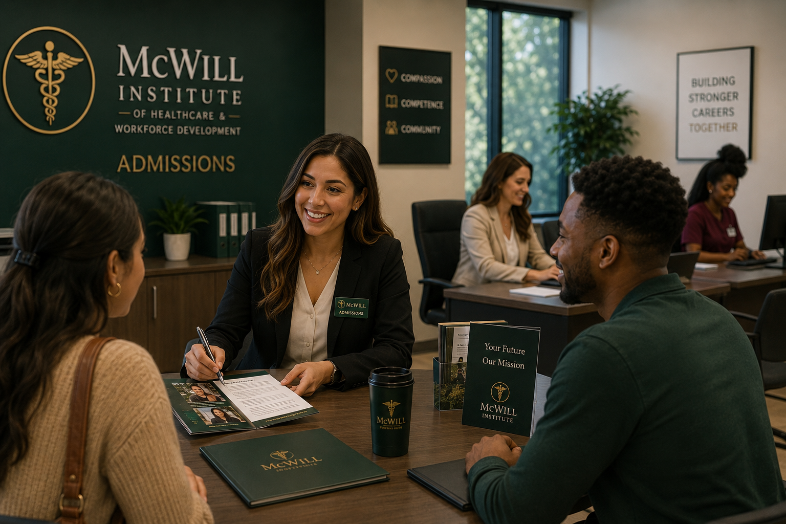 Diverse healthcare students in scrubs reviewing admissions materials at a McWill orientation