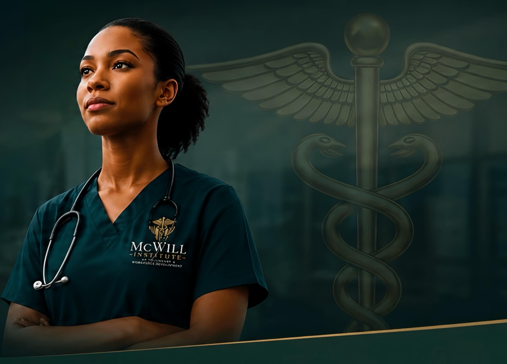 McWill Institute healthcare student in forest-green scrubs