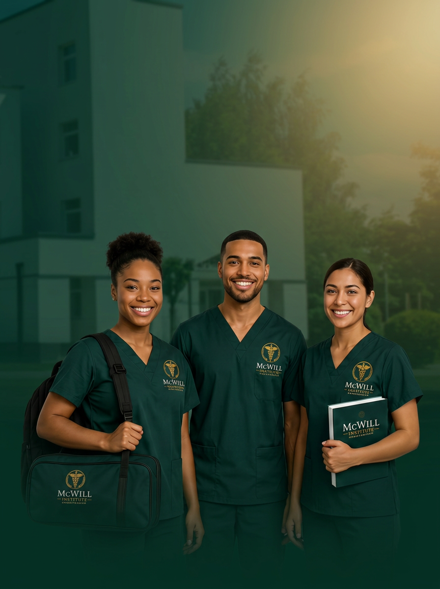 McWill Institute healthcare students in forest-green scrubs on campus