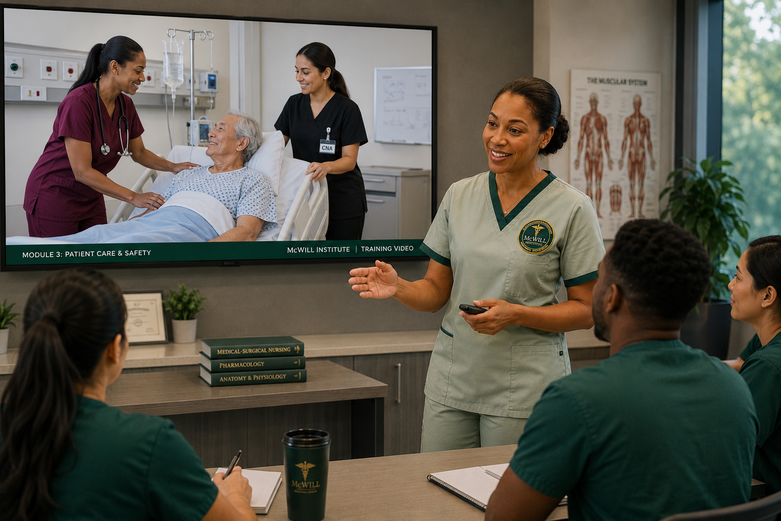 McWill Institute instructor leading a CNA training module on patient care and safety