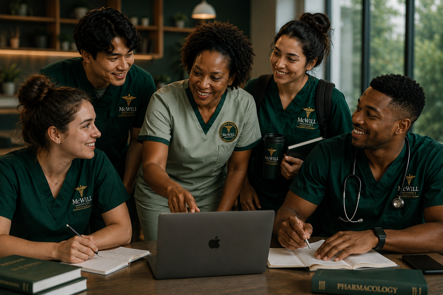 McWill Institute students in branded scrubs studying with a faculty mentor